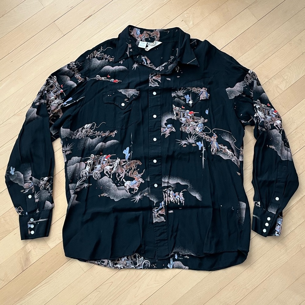 VTG 90s Rocking K Ranchwear Pearl Snap Shirt Black Western AOP Cowboys Print